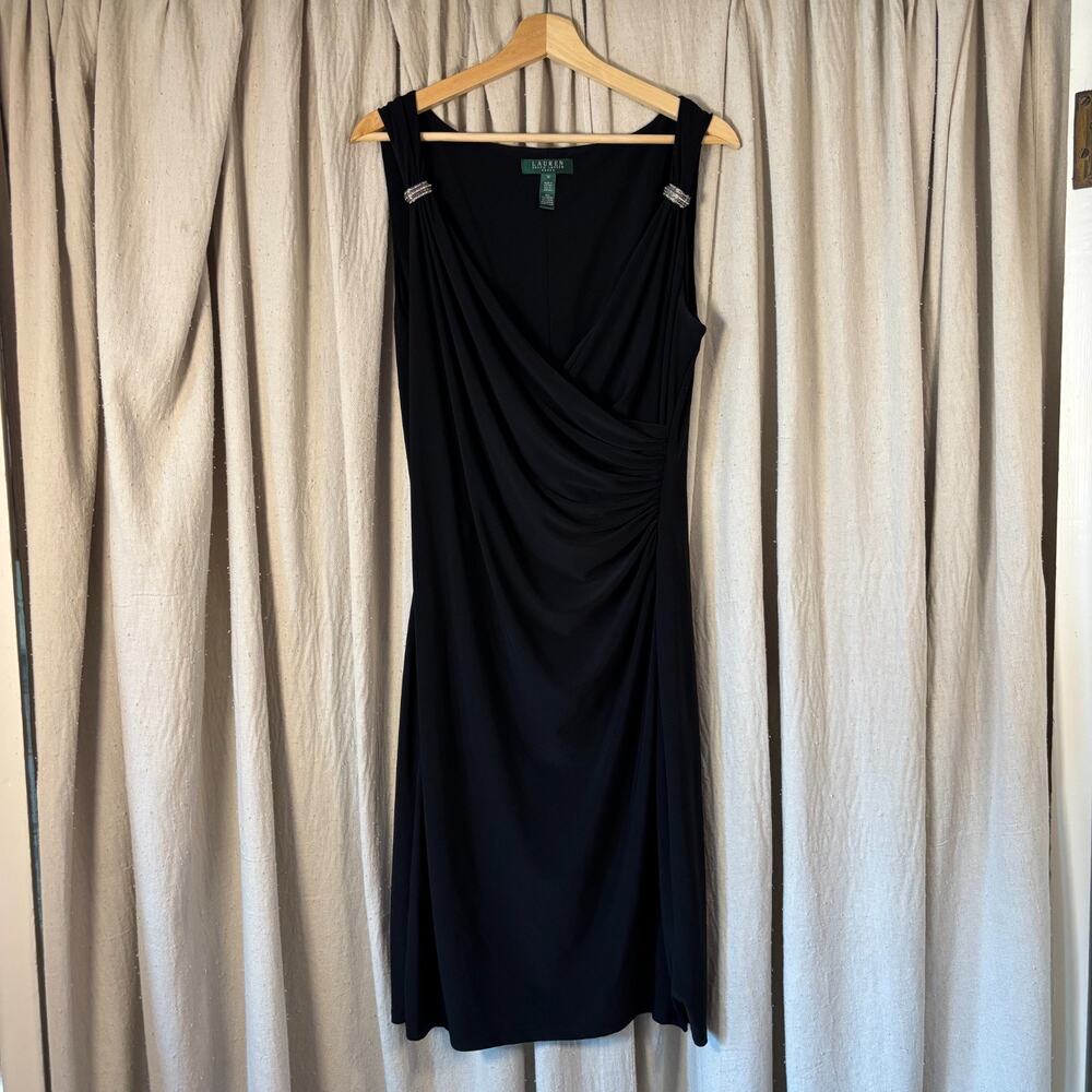 Lauren Ralph Lauren Black Draped Midi Dress Rhinestone Size 14 Stretch LBD